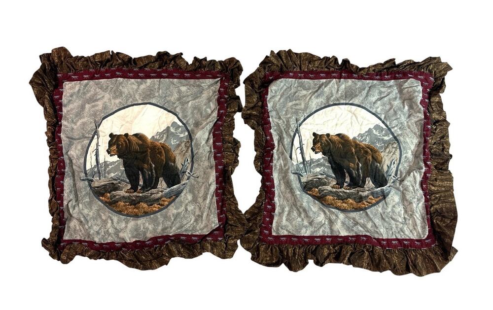 Rustic Bear Pillow Covers Set of 2 18x18 Lodge Cabin Ruffled Wildlife Decor